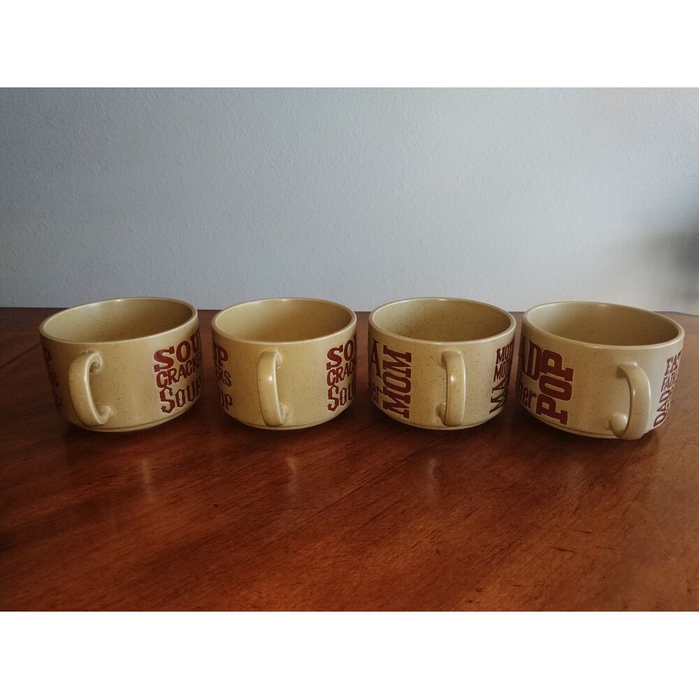 Lot 4x Vintage 1970’s Soup & Crackers Mom Dad Speckled Stoneware Mugs Japan Tan - Picture 10 of 15